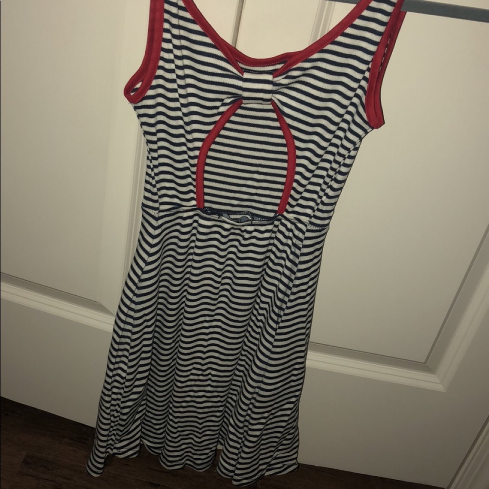 blue and white striped dress